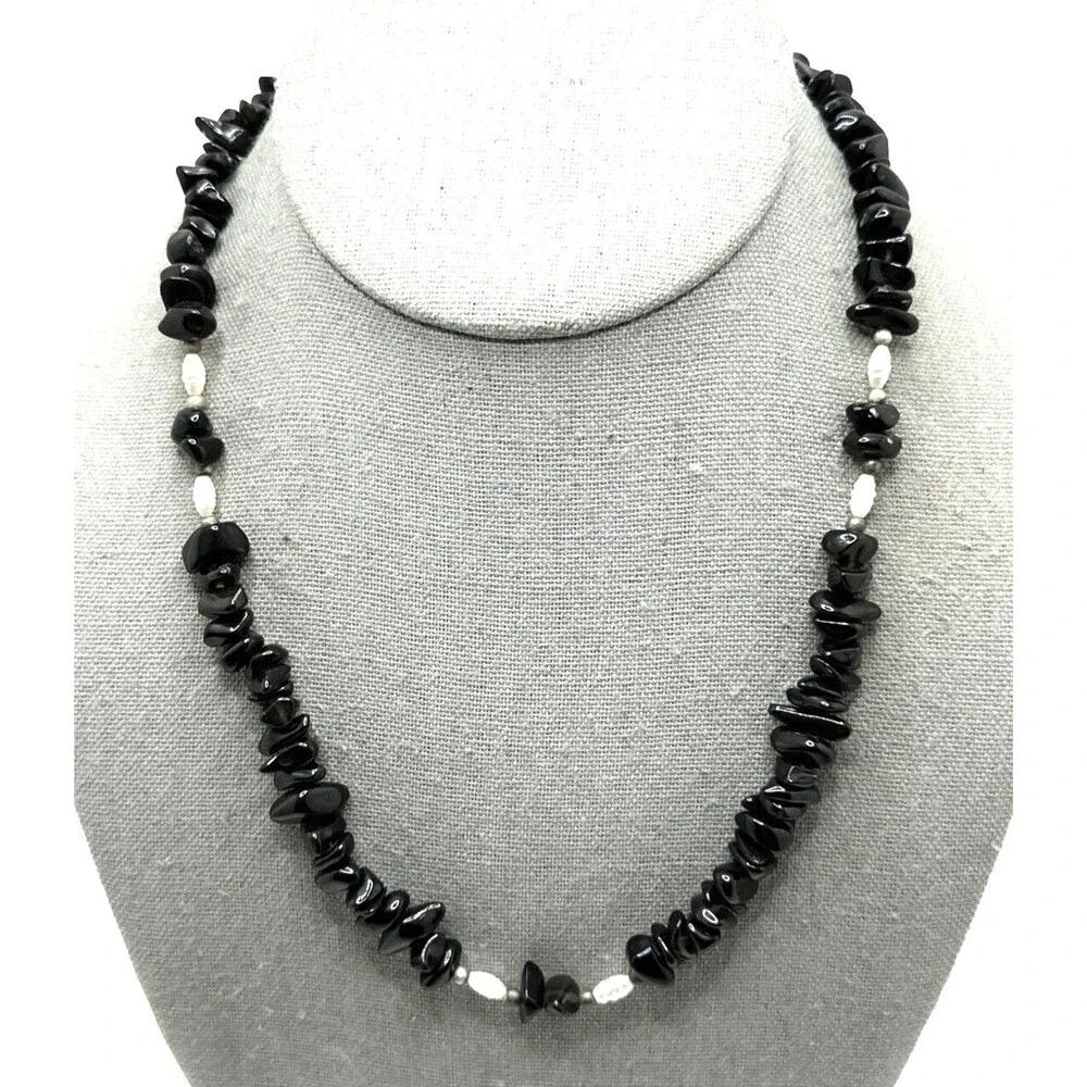 Vintage Black Onyx Quartz Bead Necklace Faux Pearl 925 Sterling Silver Clasp 19